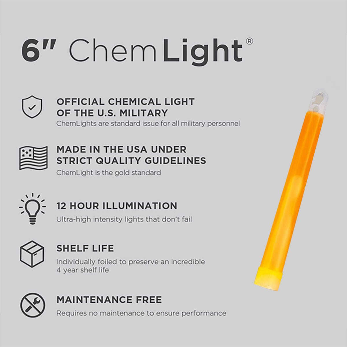 12 hour 6 inch cyalume military chemlight orange lightstick information