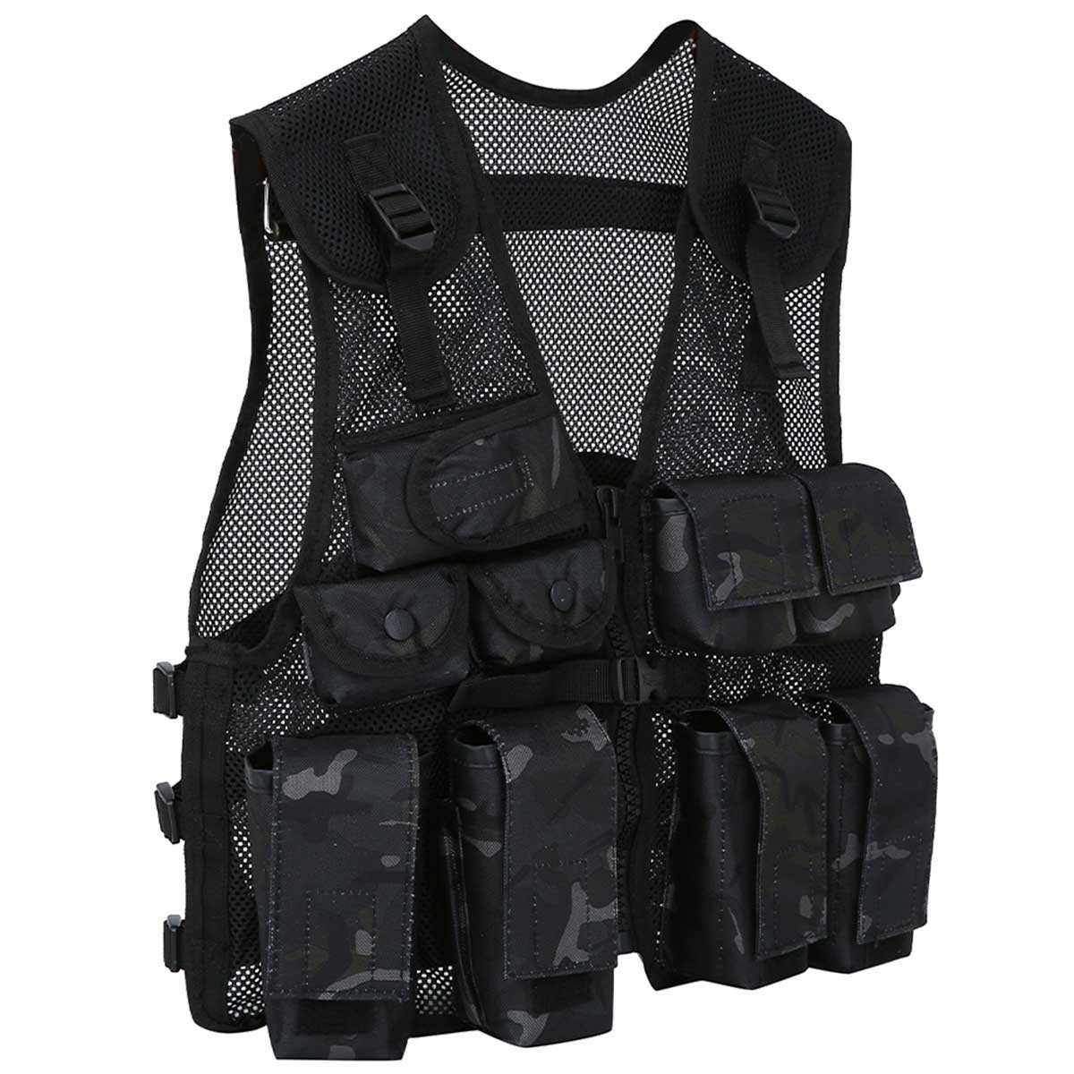 angle view of black btp camo kombat kids assault vest