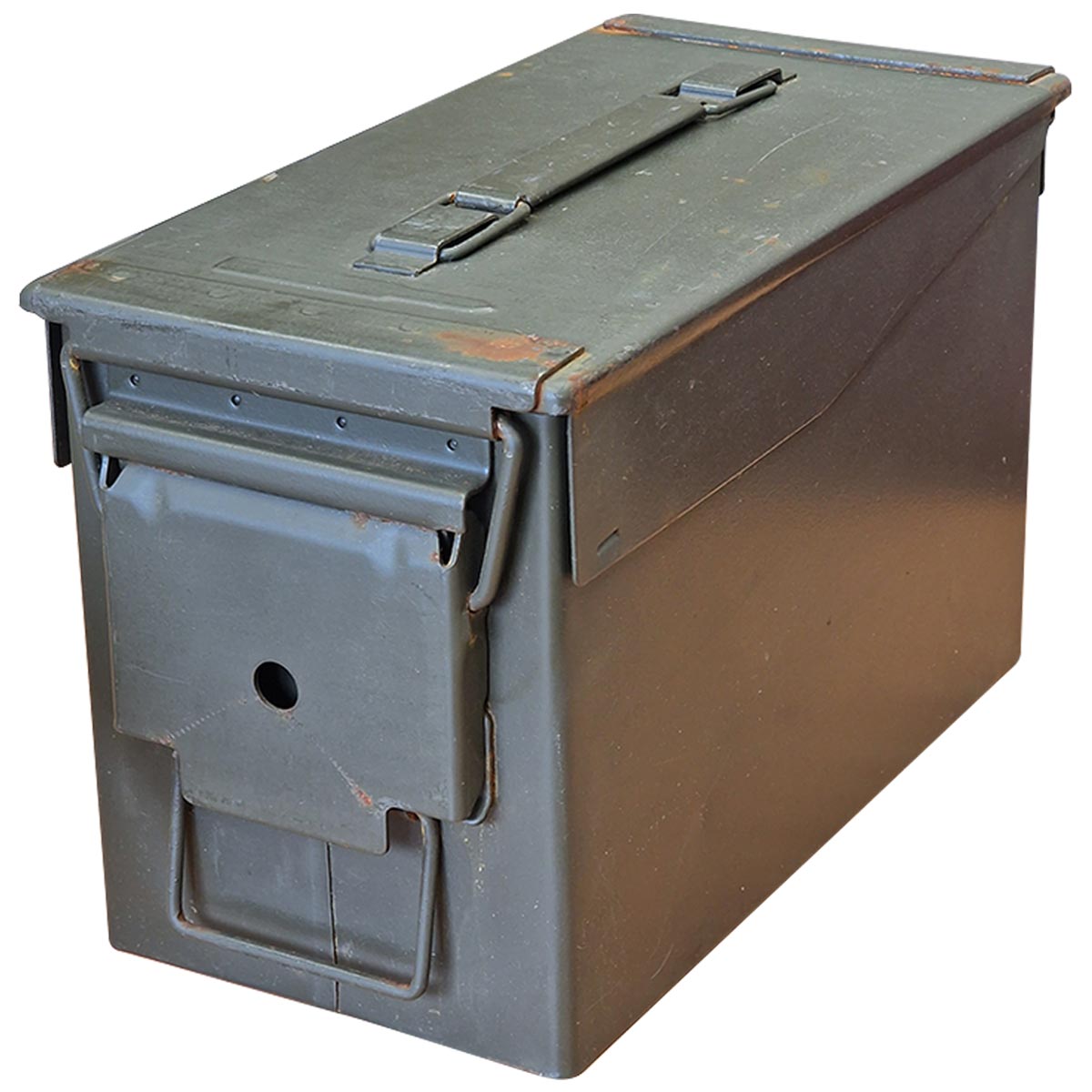 angle view of supergrade 50 cal steel used ammo box