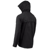 angle view with hood up highlander stow go black rain jacket