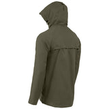 angle view with hood up highlander stow go olive green rain jacket
