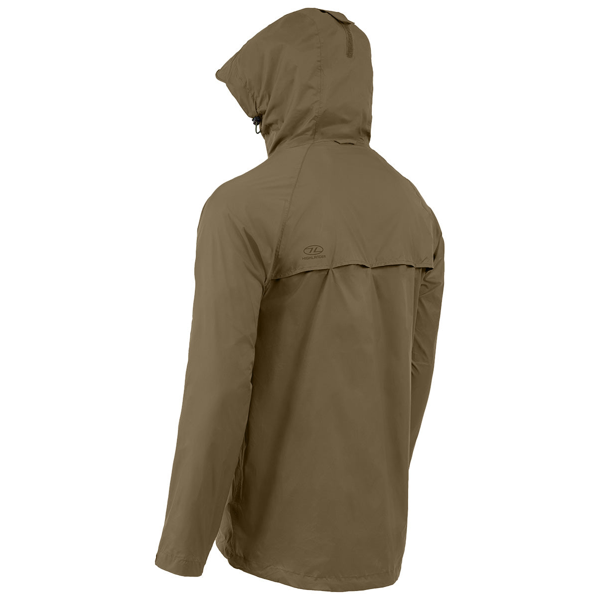 angle view with hood up highlander stow go ranger green rain jacket