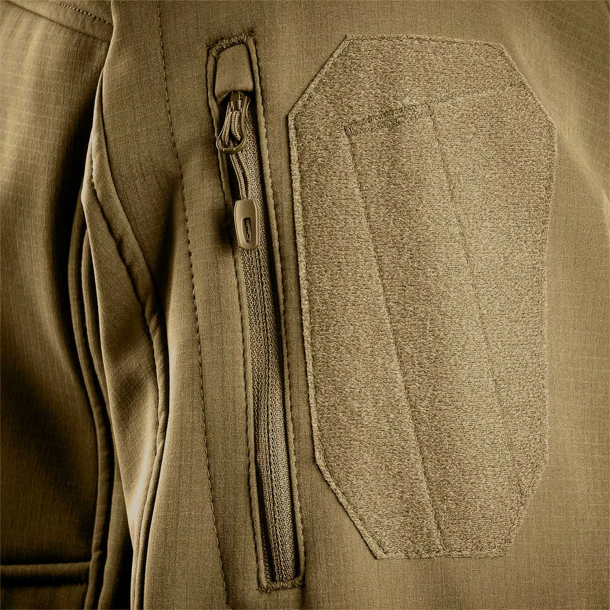 arm pocket on stoirm coyote tan tactical softshell jacket