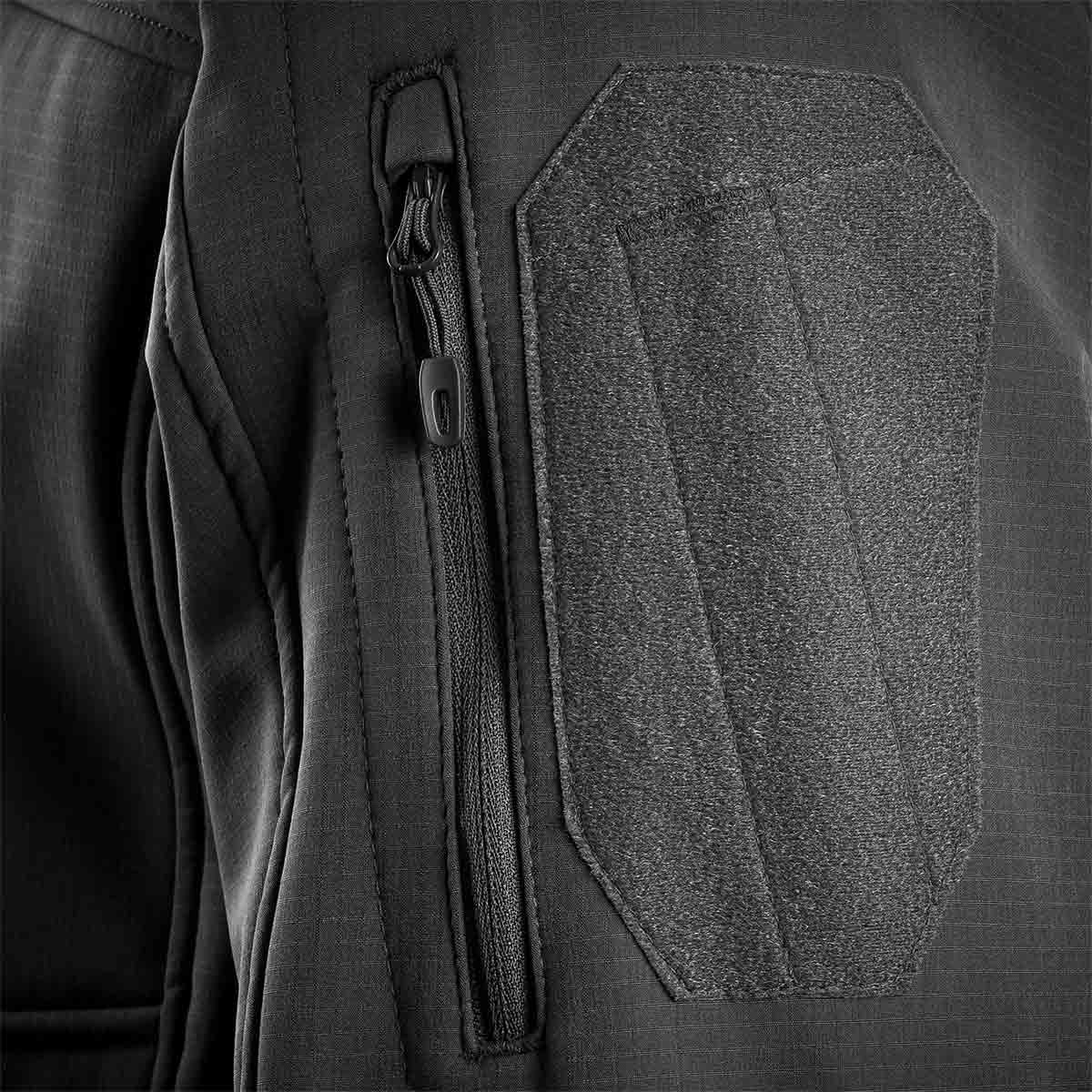 arm pocket on stoirm dark grey tactical softshell jacket