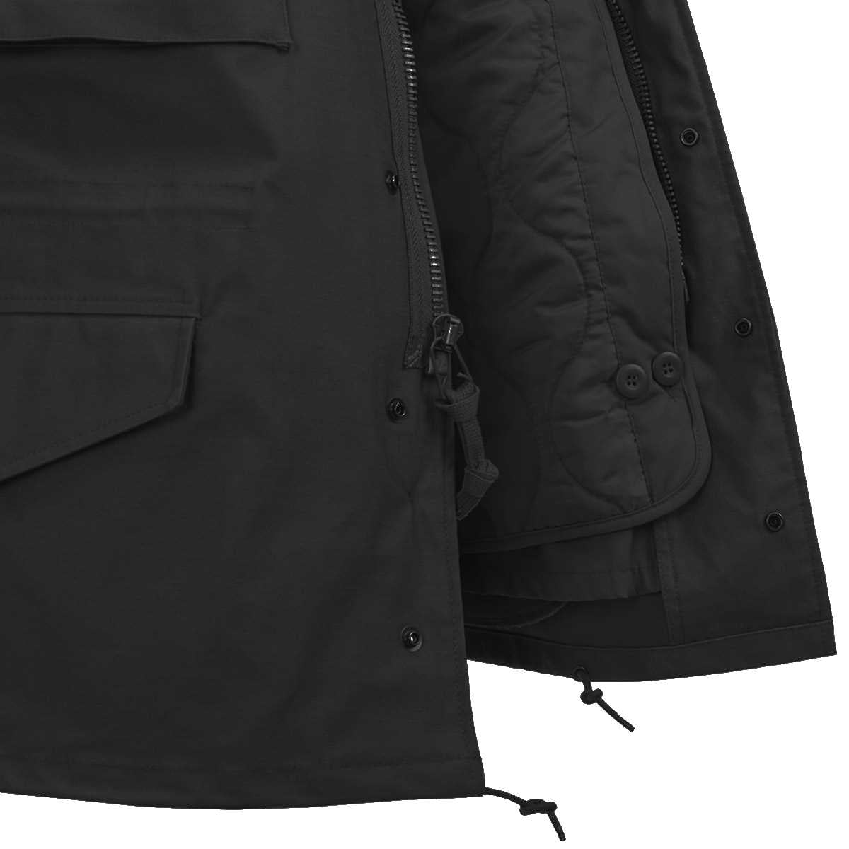 black nyco sateen helikon m65 jacket with adjustable hem retention cords