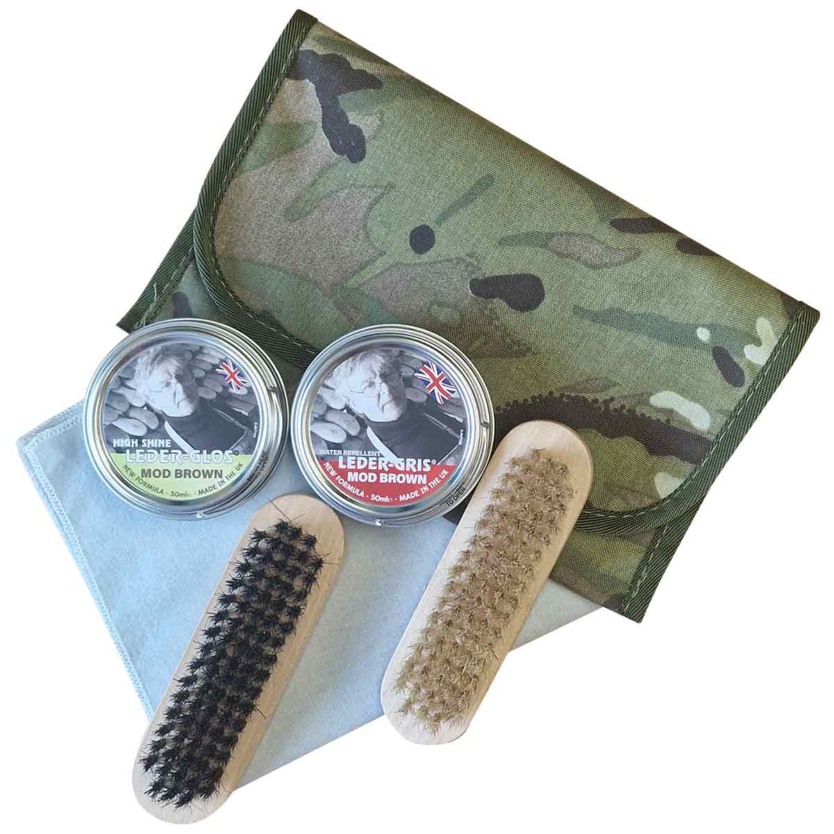 brown boot polishing kit with camouflage pouch