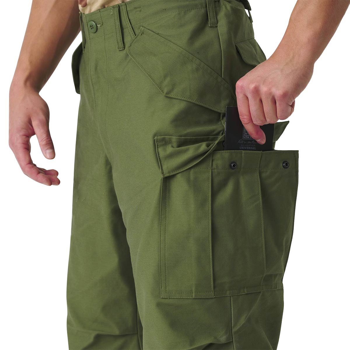 cargo leg pocket on green helikon m65 trousers nyco sateen