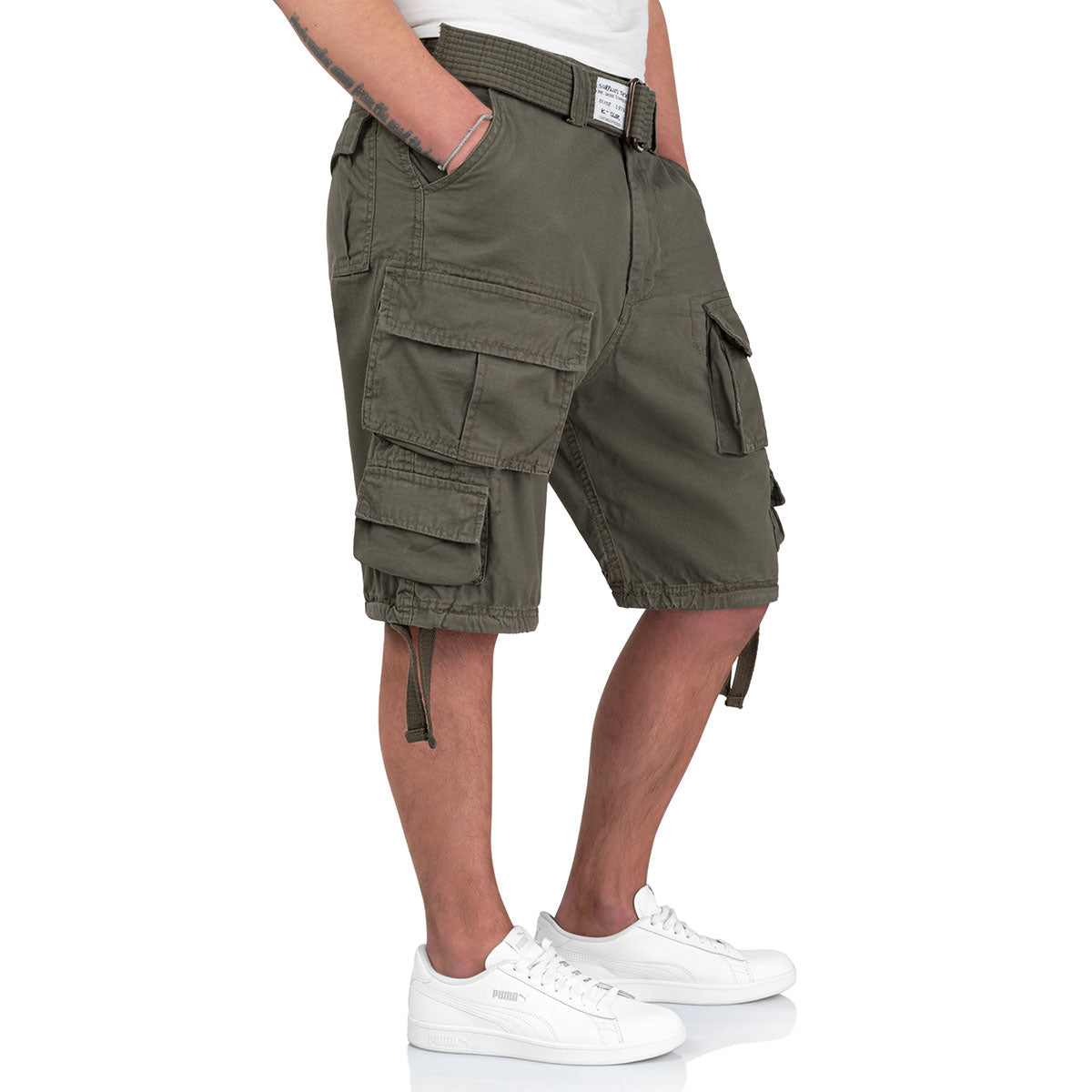 cargo pockets and drawstring on olive surplus division shorts