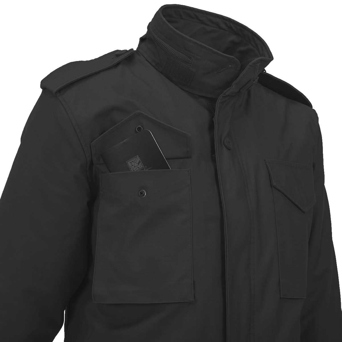 chest pockets of black nyco sateen helikon m65 jacket