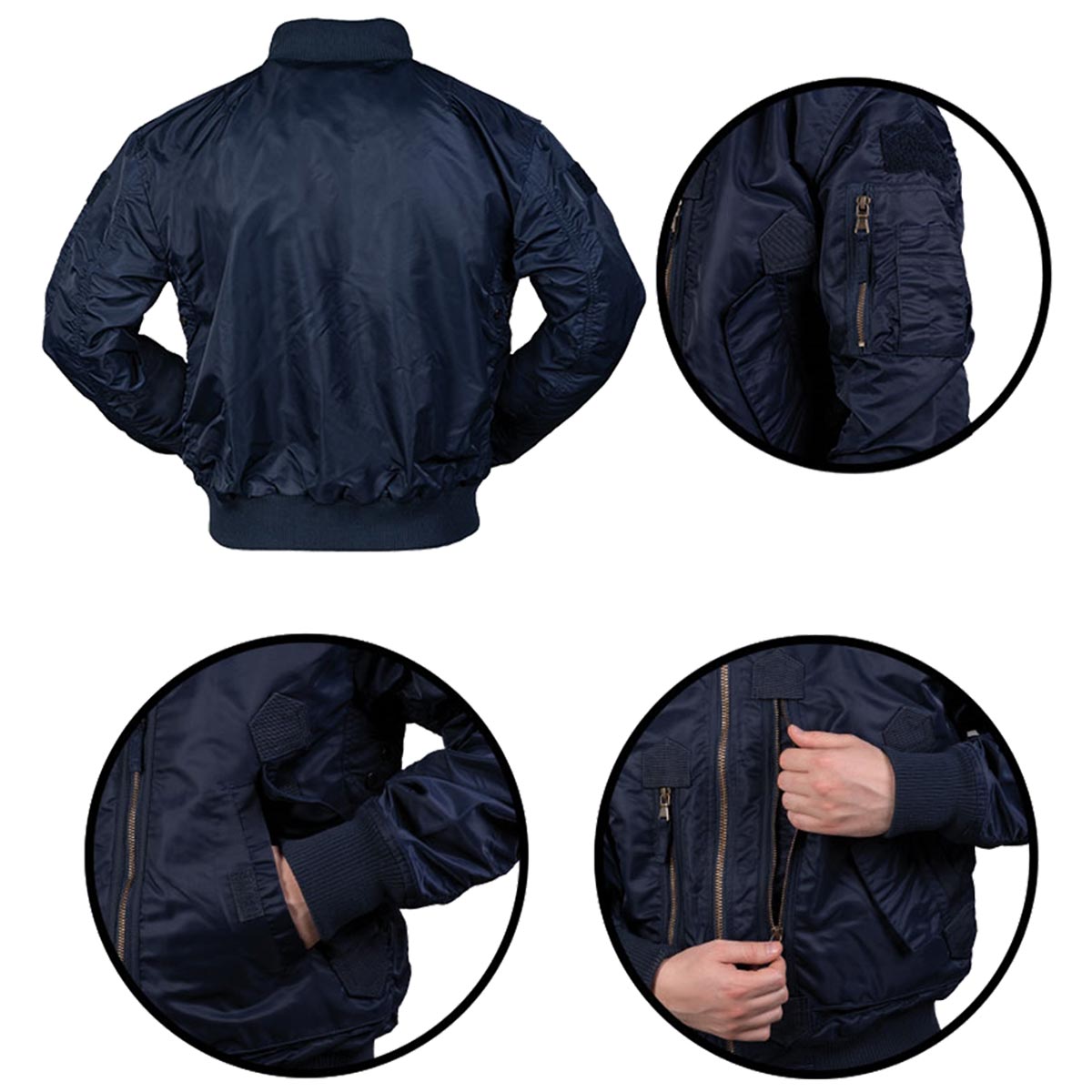 dark blue mil tec us tactical flight jacket rear pocket zip cuff details