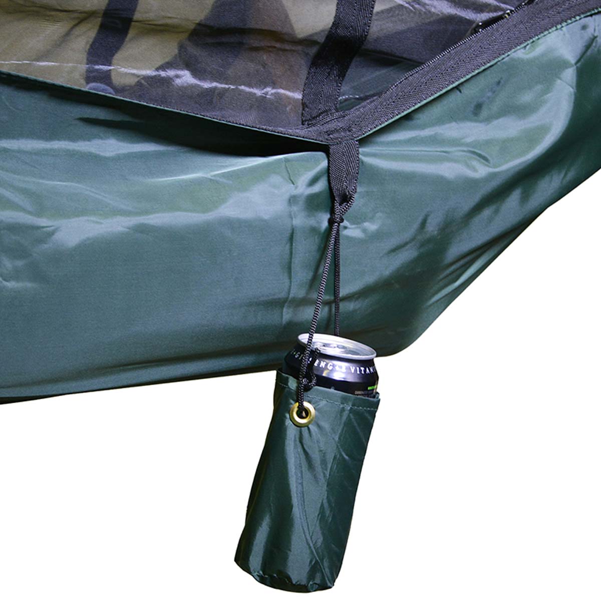 dd olive beer holder suspended on hammock with can