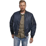 front view of brandit ma1 navy blue bomber jacket with full zip