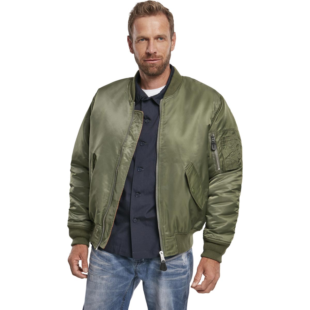 front view of brandit ma1 olive bomber jacket with full zip