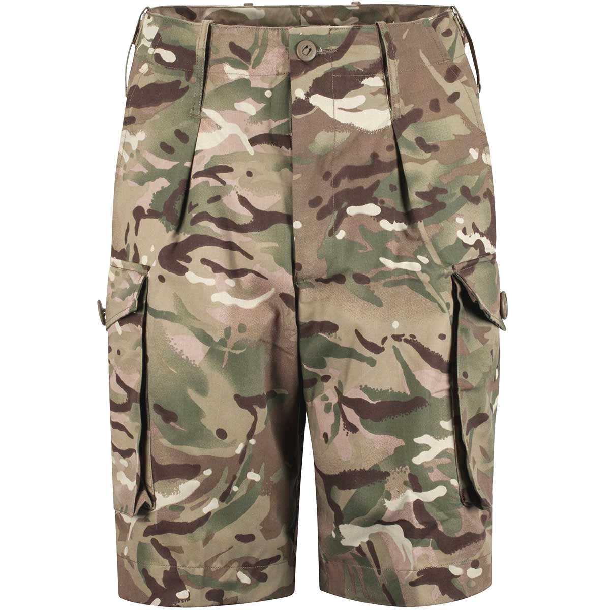 front view of british army surplus combat shorts mtp camo