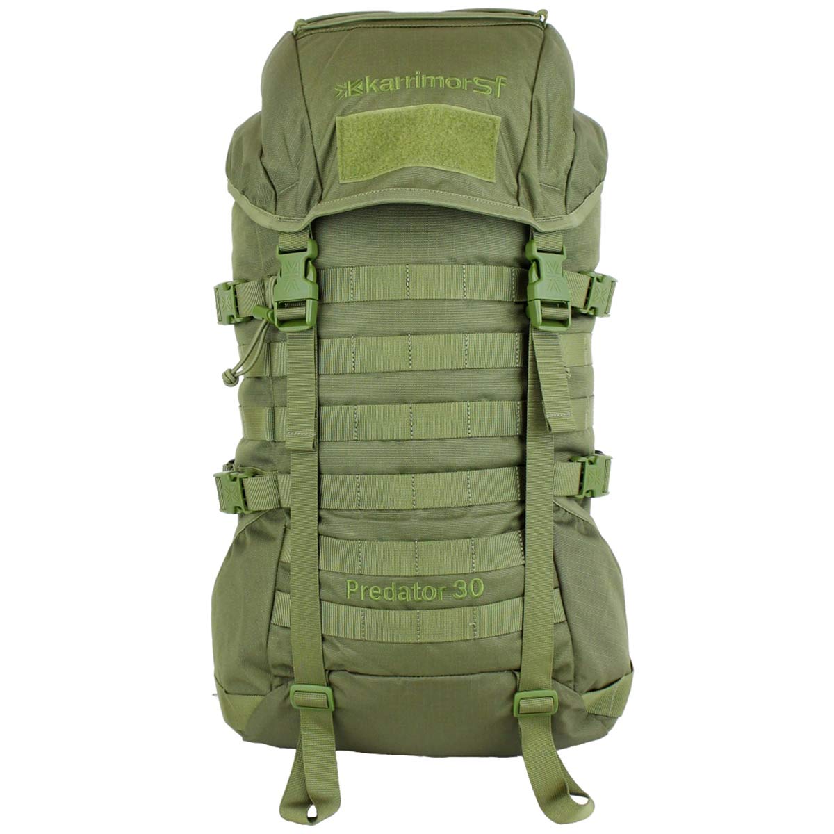 front view of karrimor sf olive green predator 30l daysack