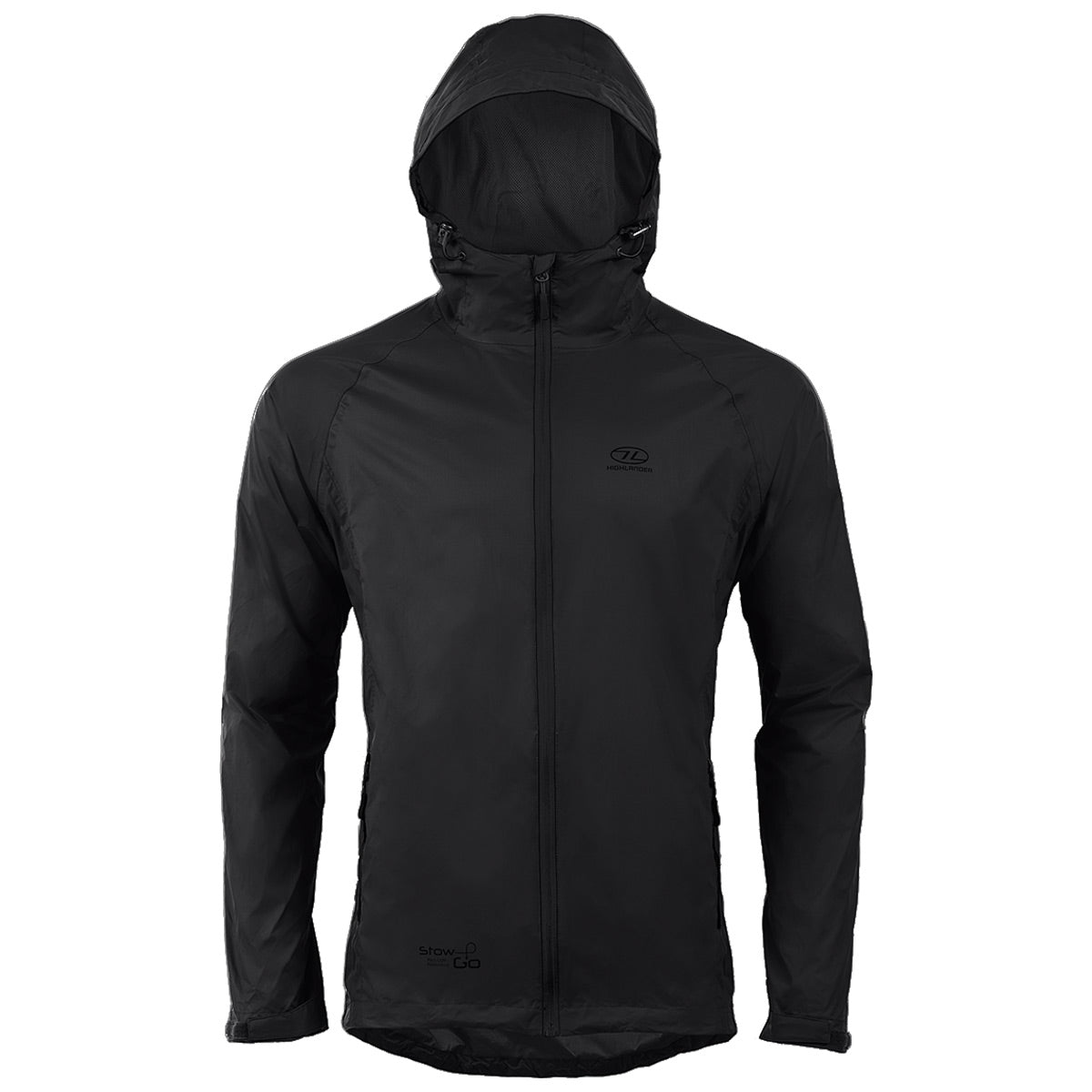 front view of olive black highlander stow go rain jacket