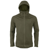 front view of olive green highlander stow go rain jacket