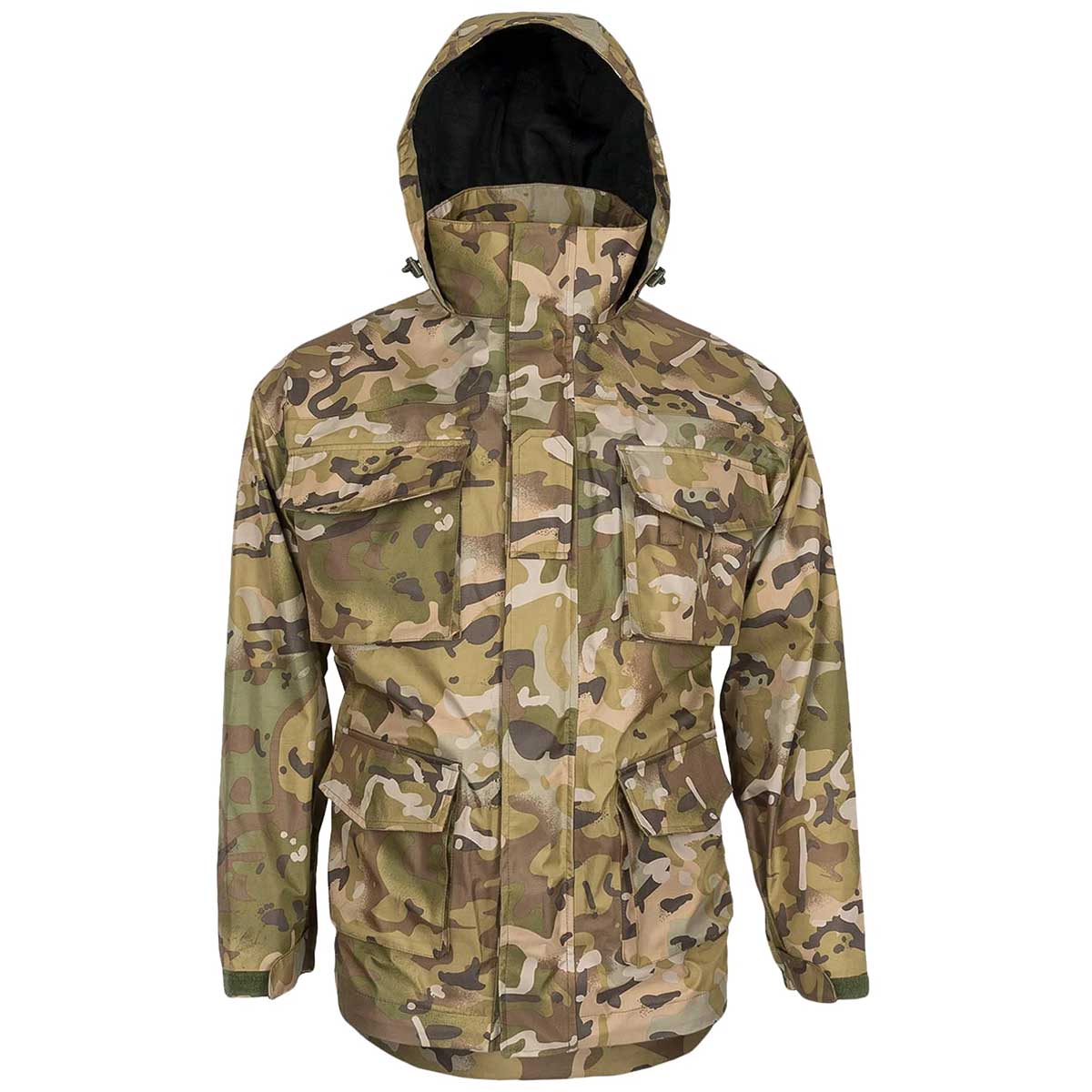 front view with hood up of hmtc highlander typhoon waterproof jacket