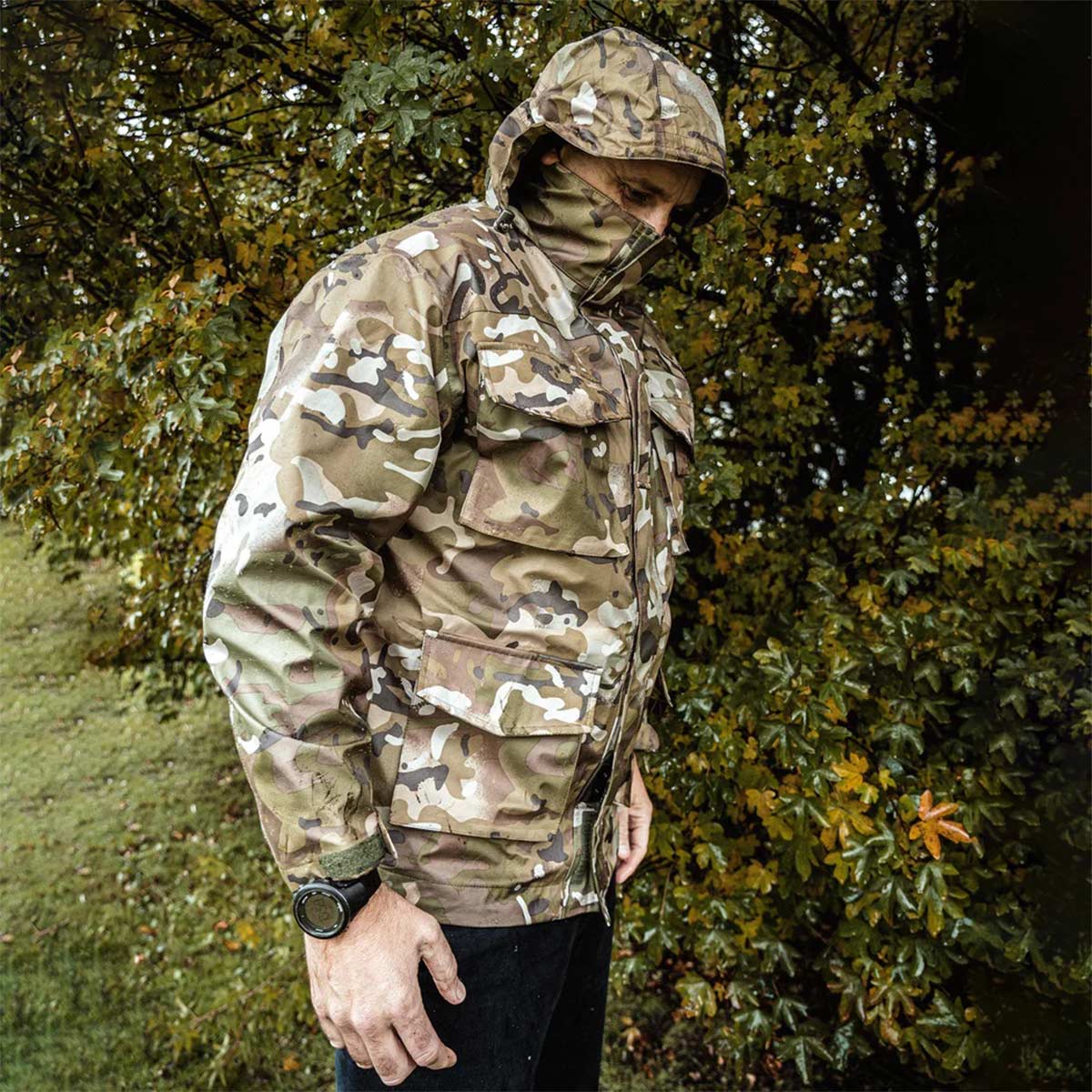 highlander camouflage typhoon waterproof jacket worn outside