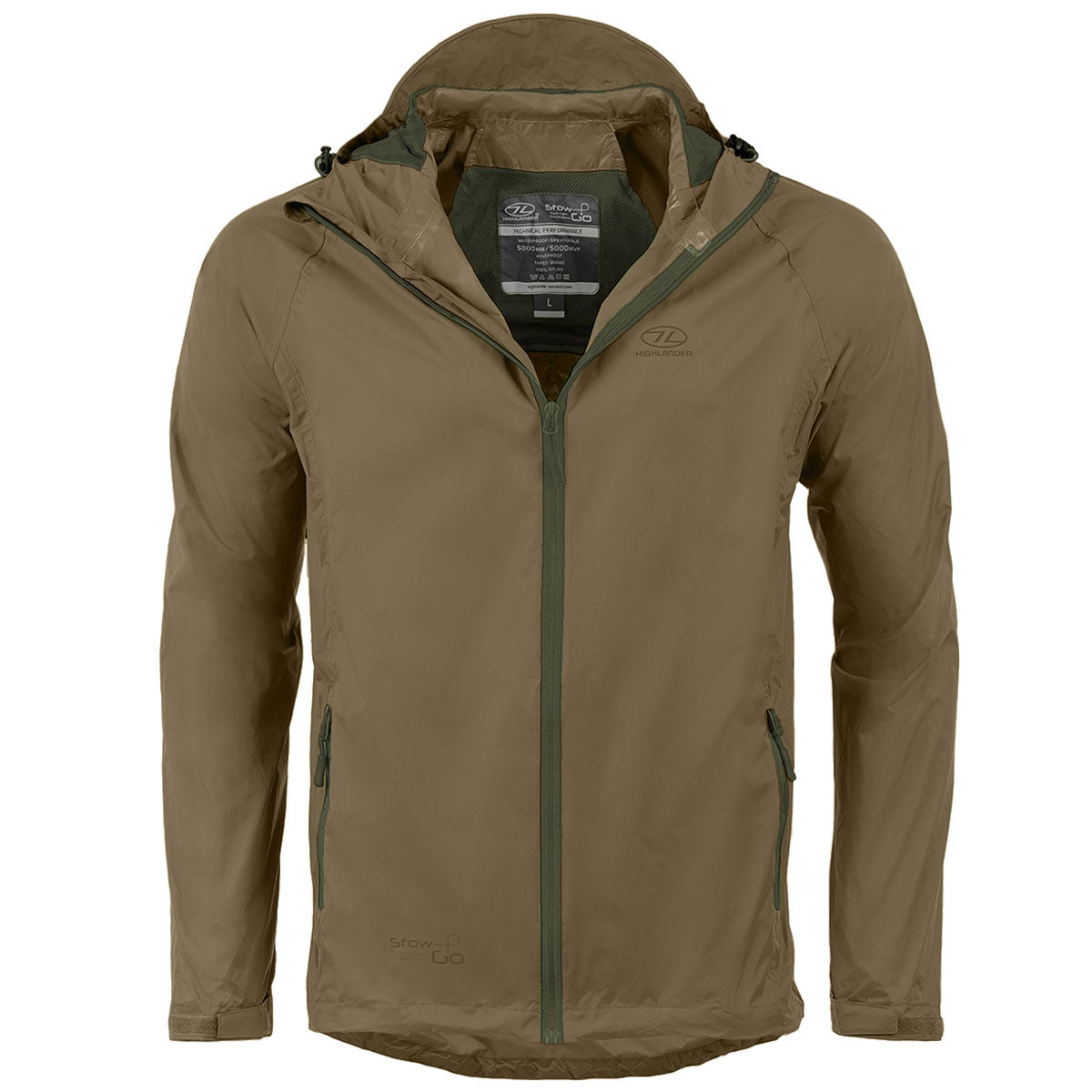 highlander stow go waterproof jacket unzipped ranger green