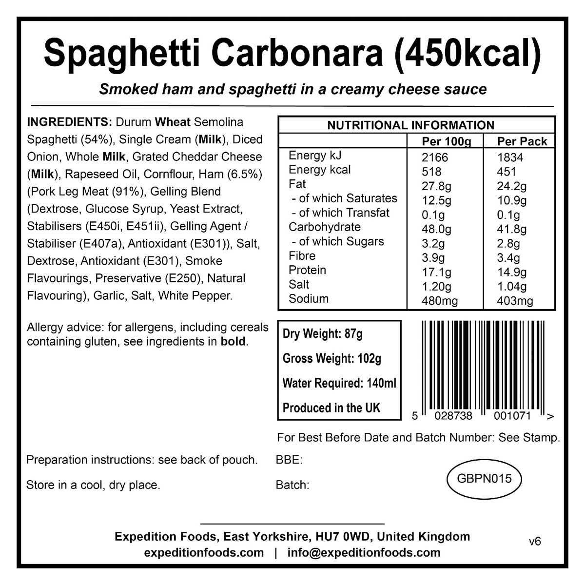 information label for expedition foods spaghetti carbonara 450kcal