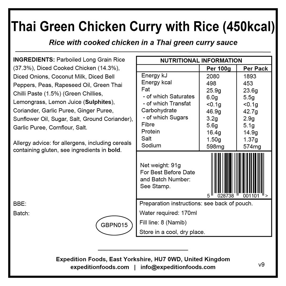 information label for expedition foods thai green chicken curry with rice 450kcal