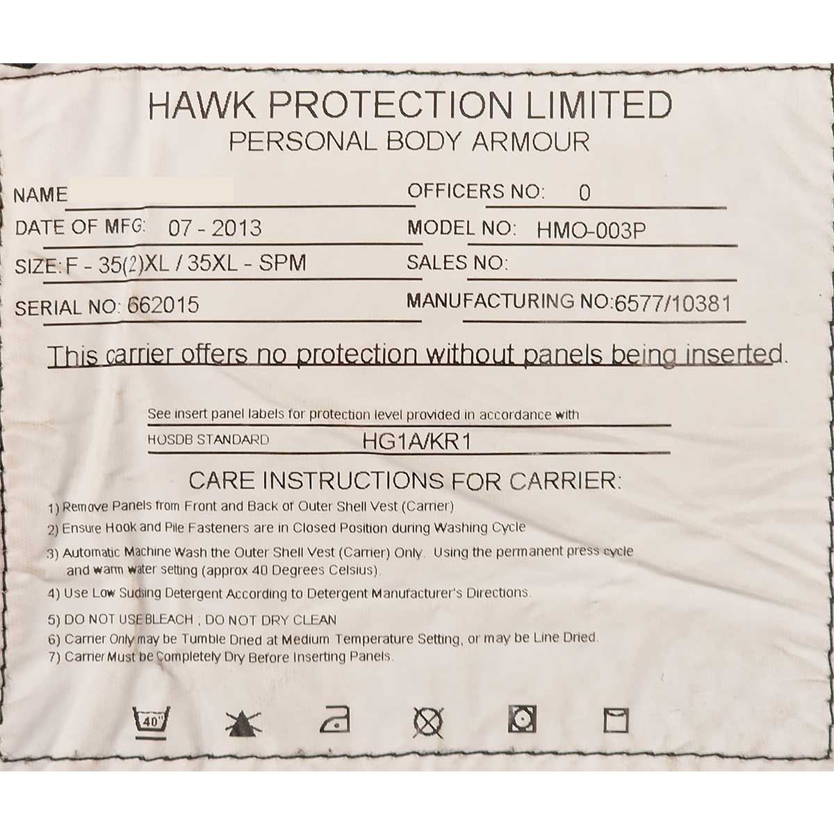 information label for female hawk overt stab vest