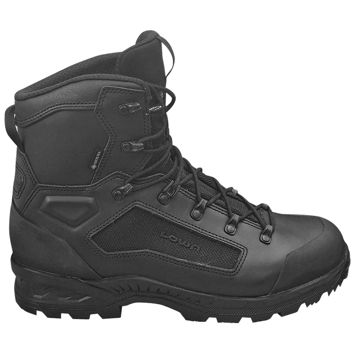 lateral view of black lowa breacher goretex mid boot