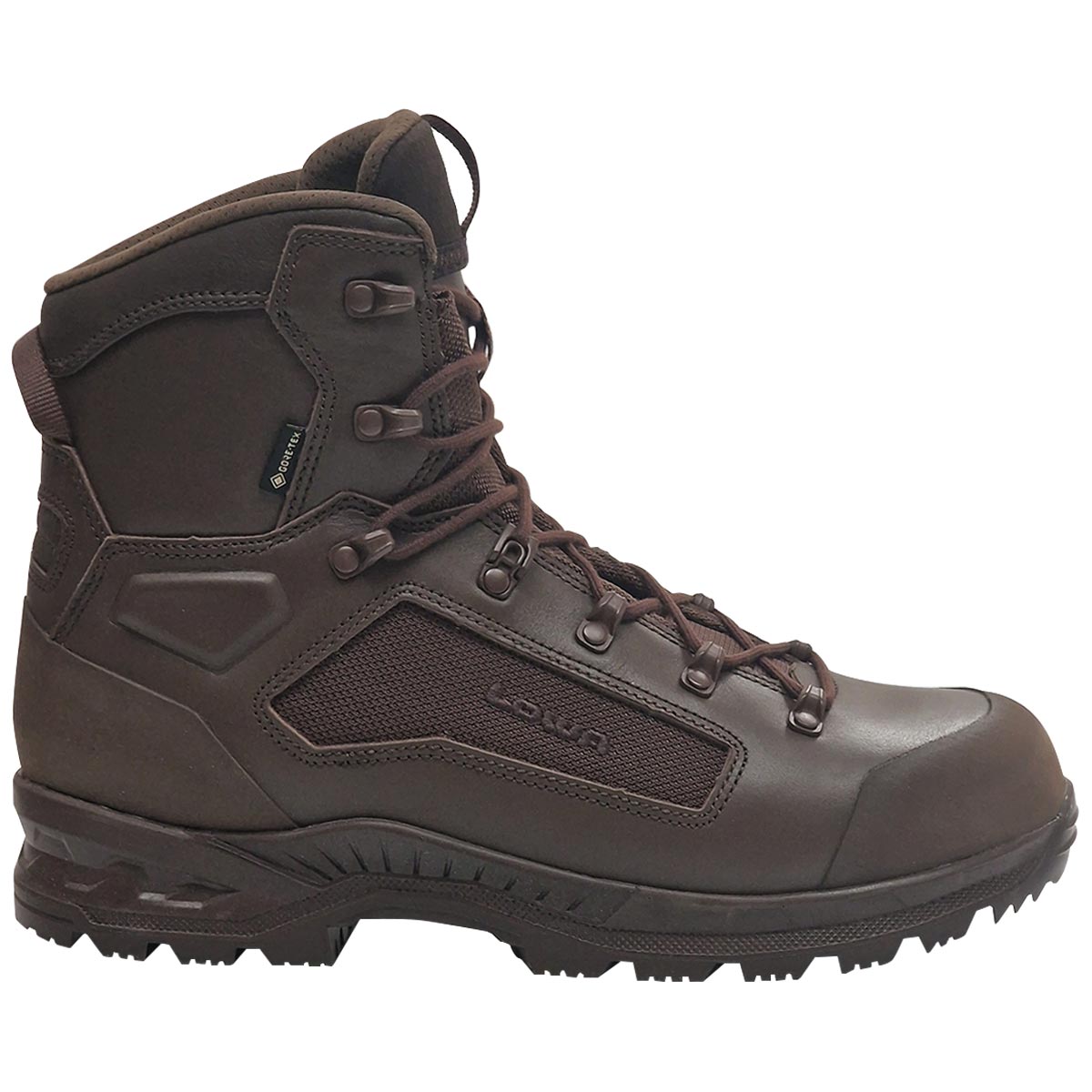 lateral view of brown lowa breacher goretex mid boot