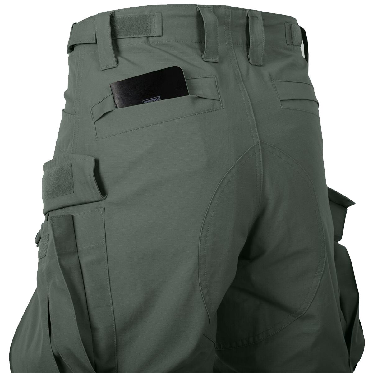 low profile rear pockets on sfu green cargo trousers helikon