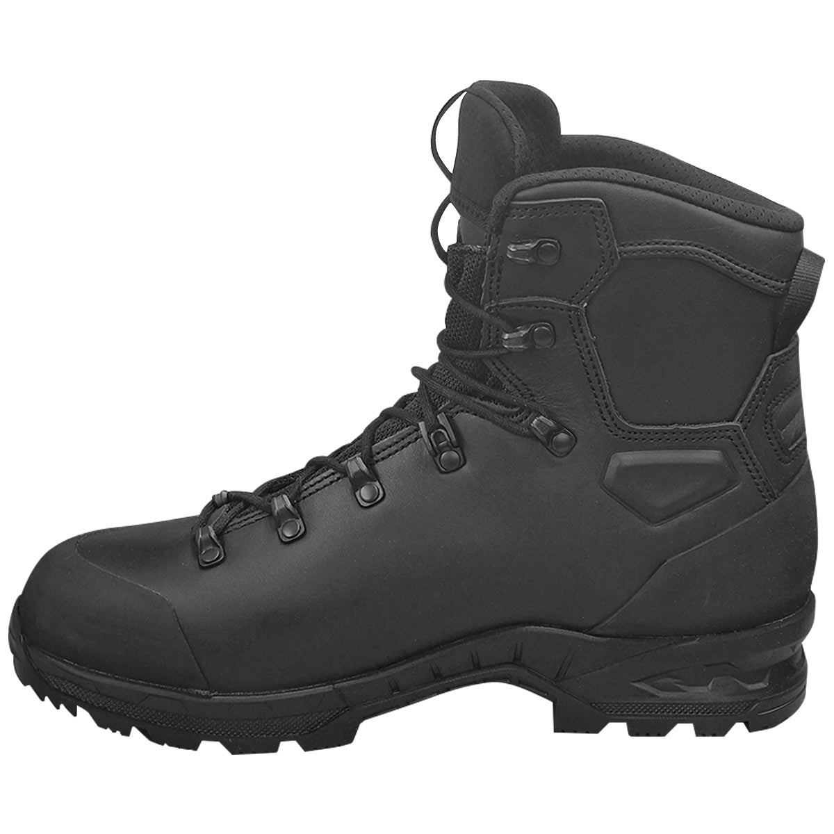 medial view of black lowa breacher gtx mid boot