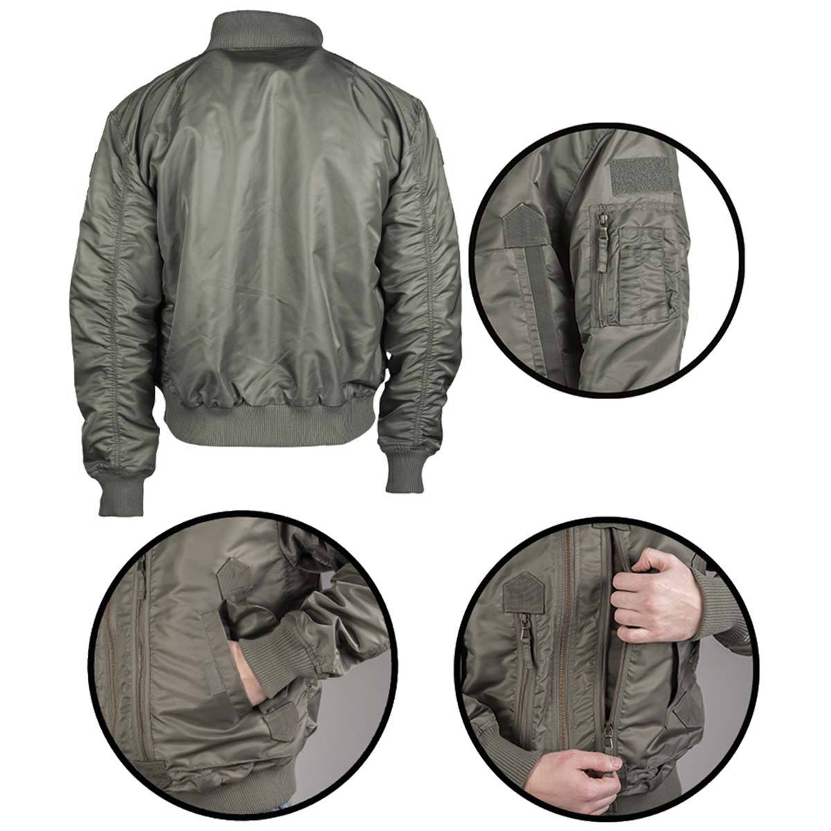 olive drab mil tec us tactical flight jacket rear pocket zip cuff details