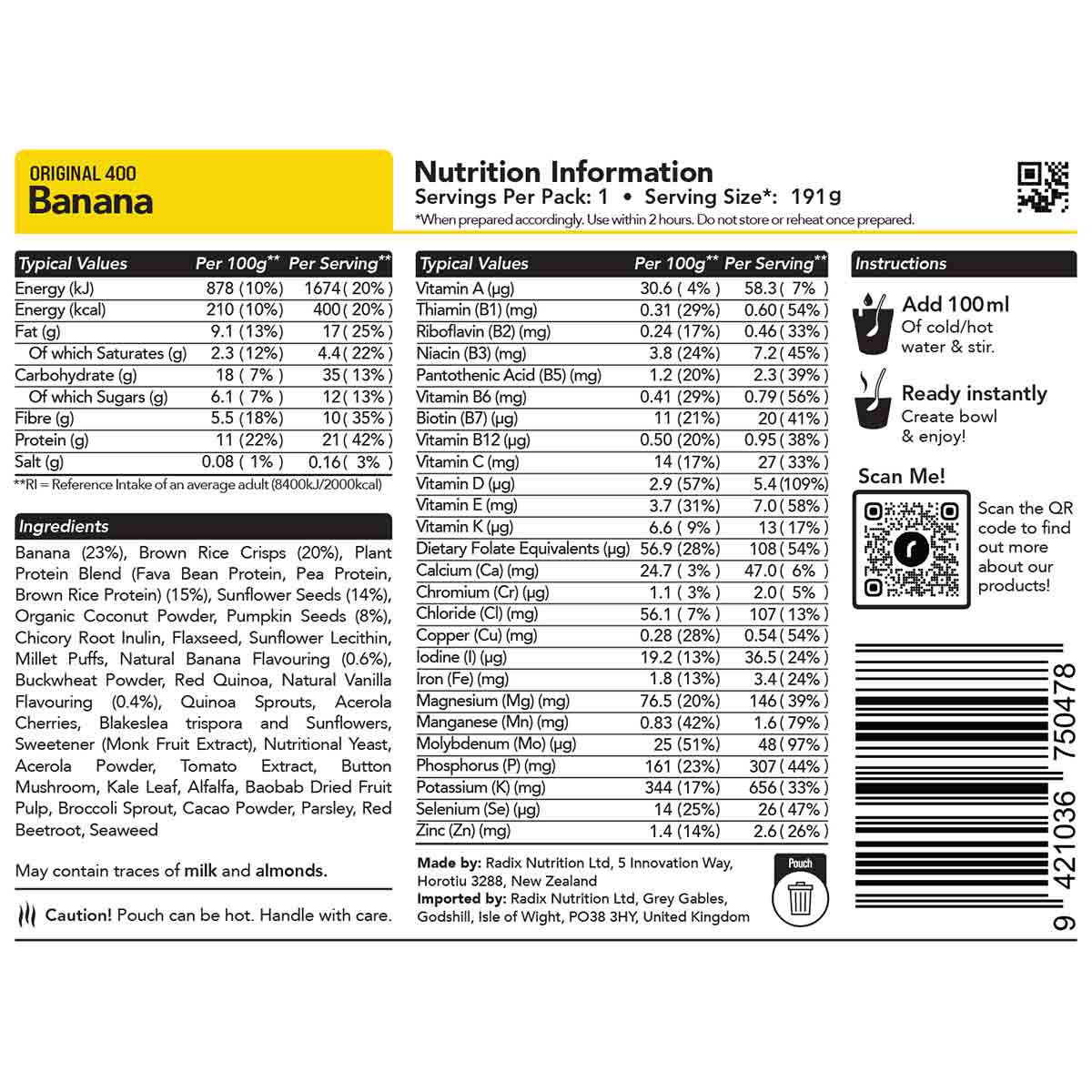 radix nutrition banana breakfast 400kcal ingredients