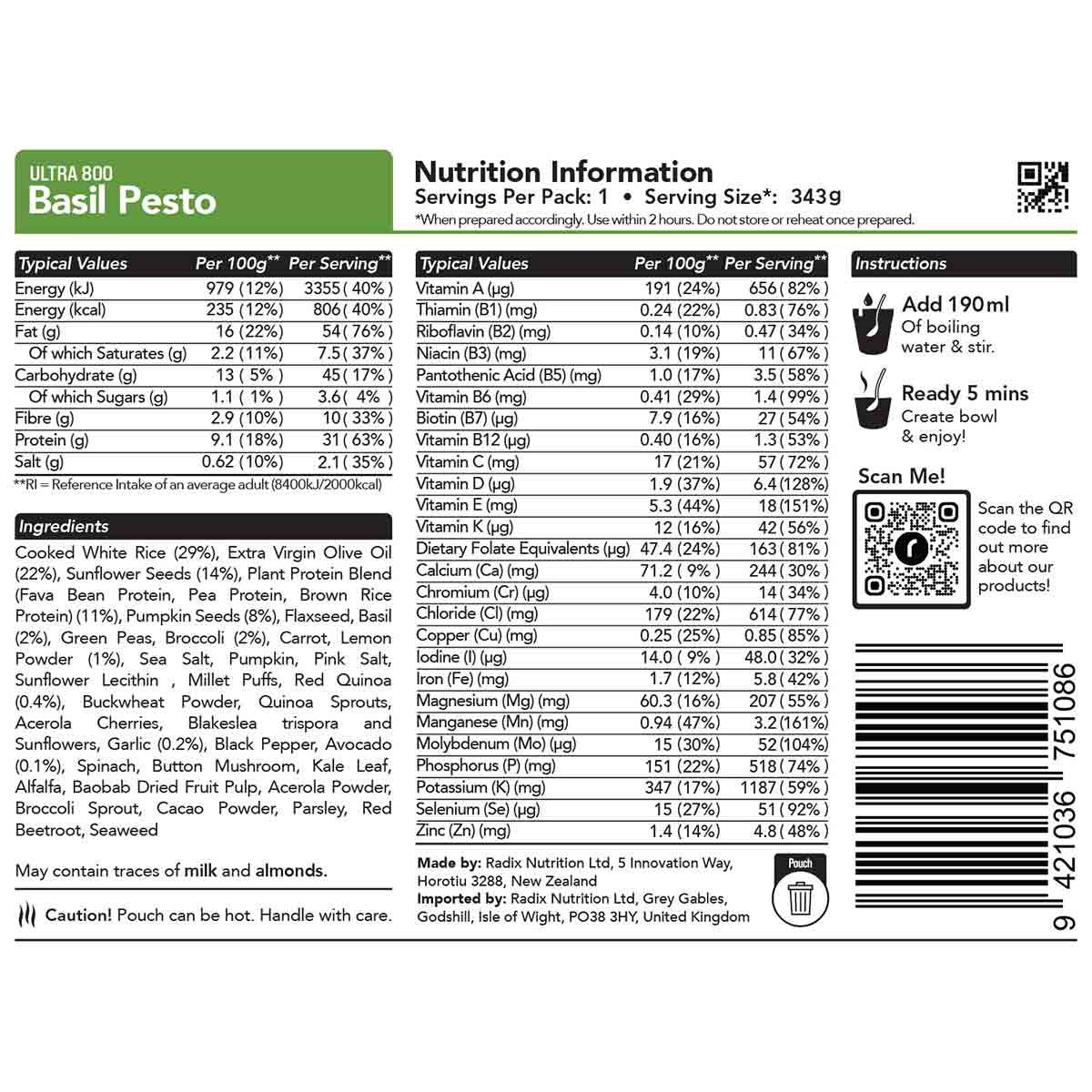 radix basil pesto meal 800kcal ingredients information