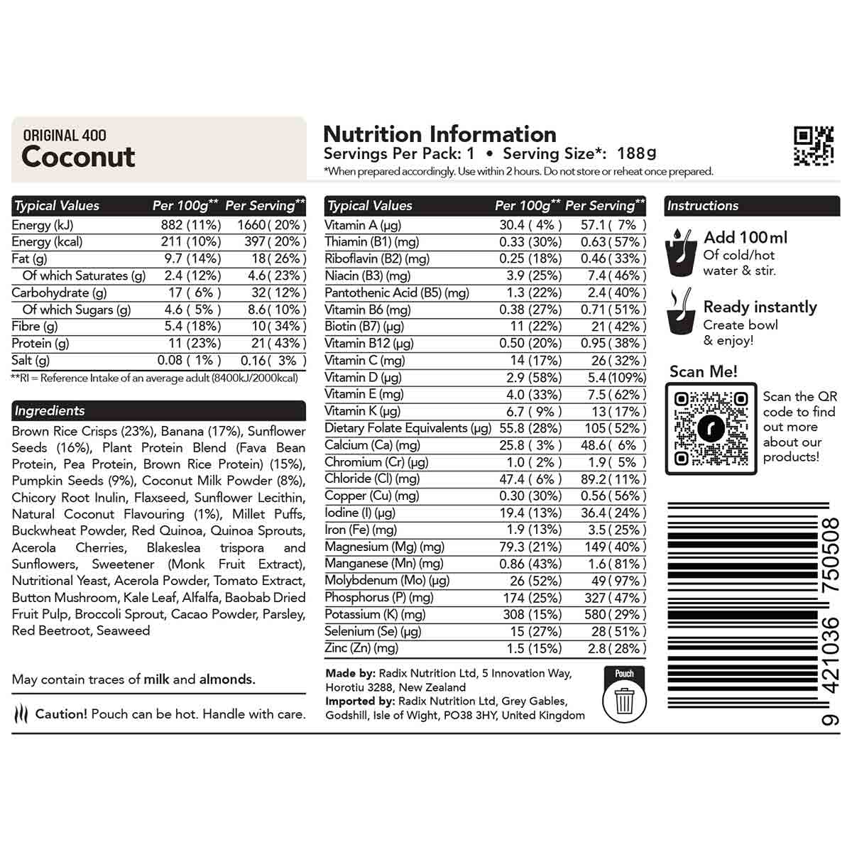 radix coconut breakfast 400kcal ingredients information