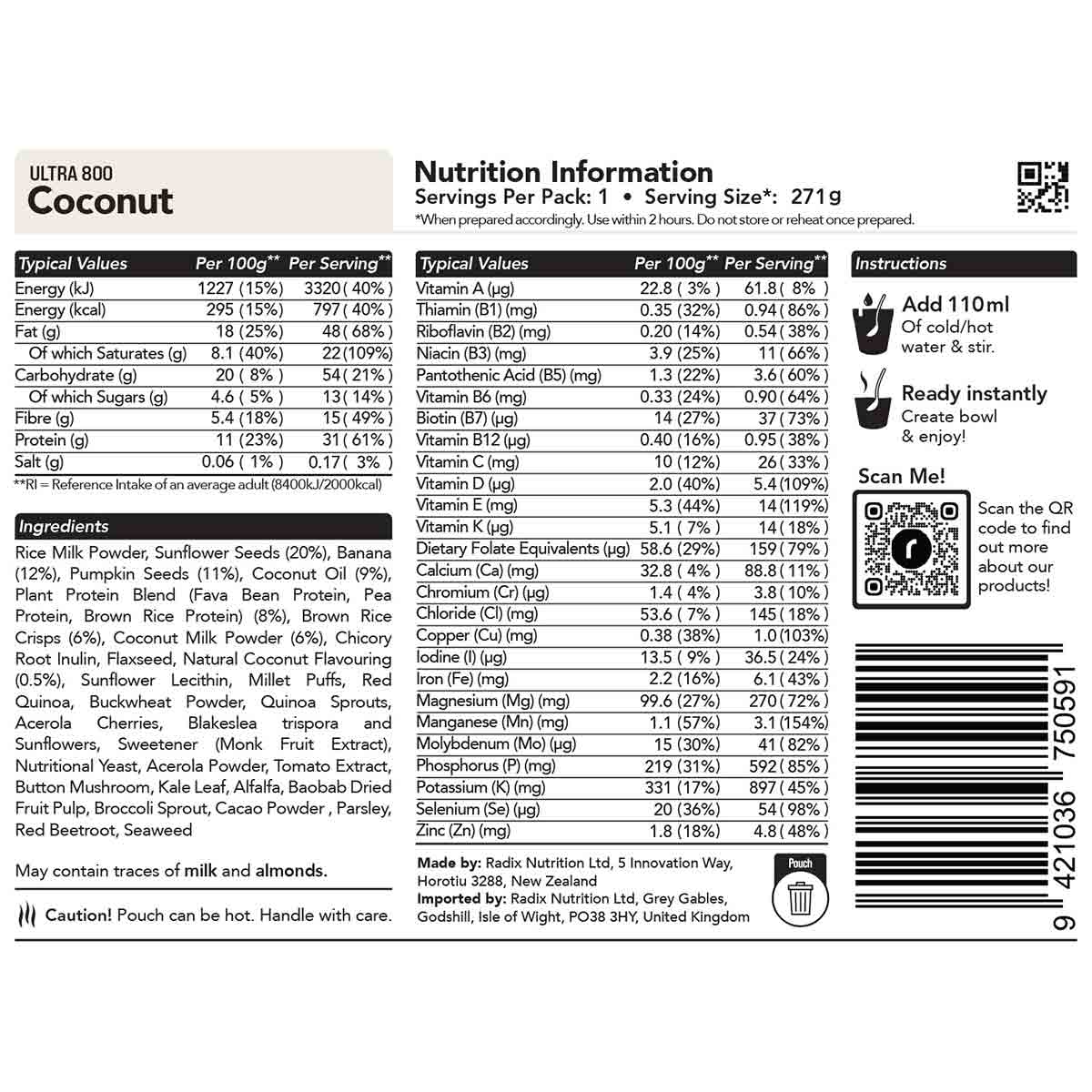 radix coconut breakfast 800kcal ingredients information