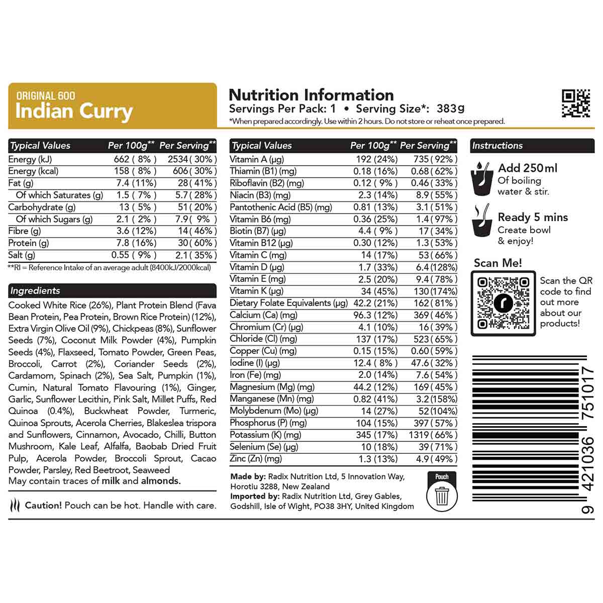 radix indian curry meal 600kcal ingredients information