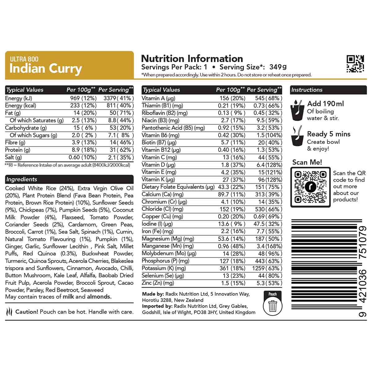 radix indian curry meal 800kcal ingredients information