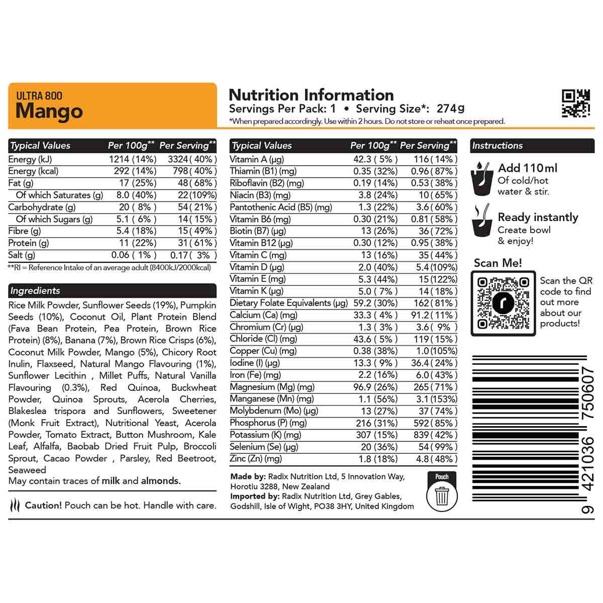 radix mango breakfast 800kcal ingredients information