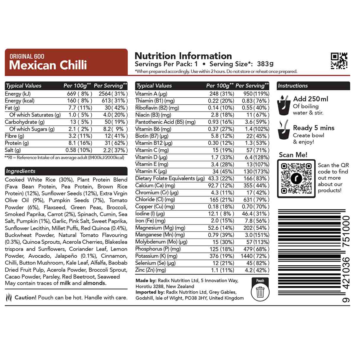 radix mexican chilli meal 600kcal ingredients information