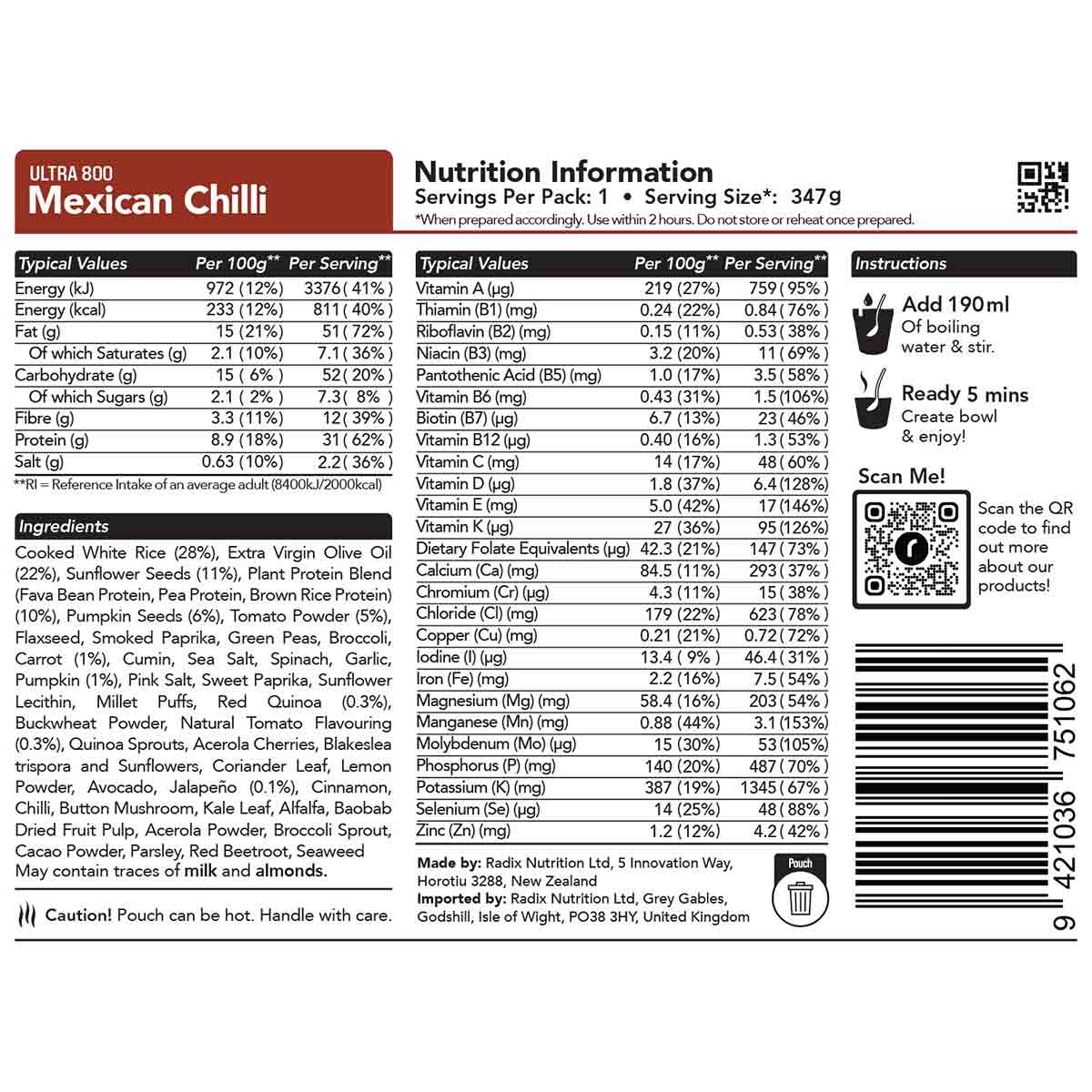 radix mexican chilli meal 800kcal ingredients information