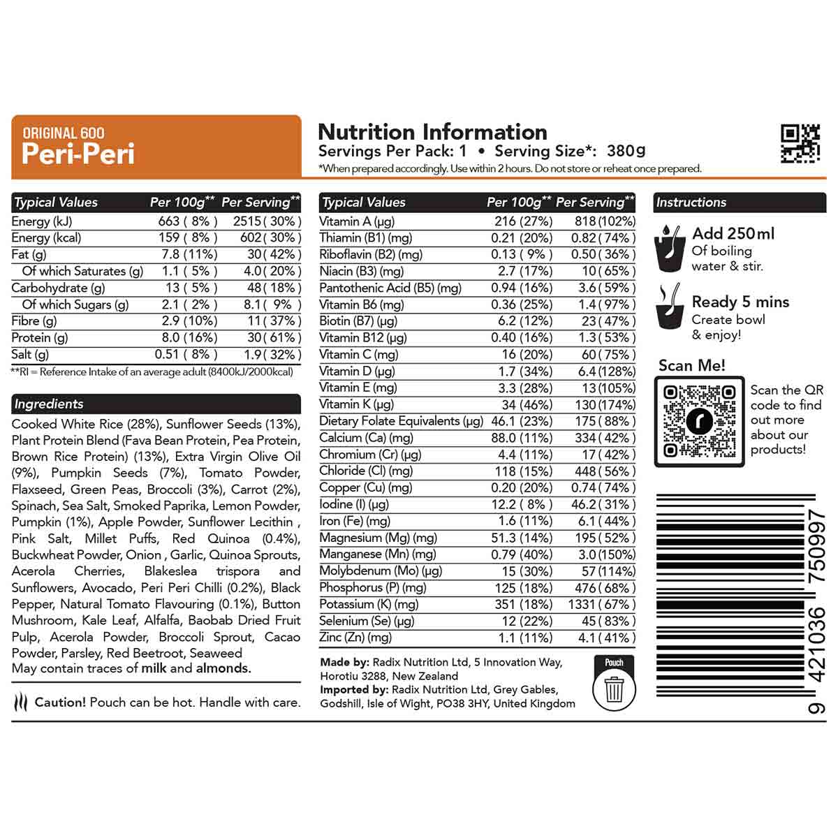 radix peri peri meal 600kcal ingredients information