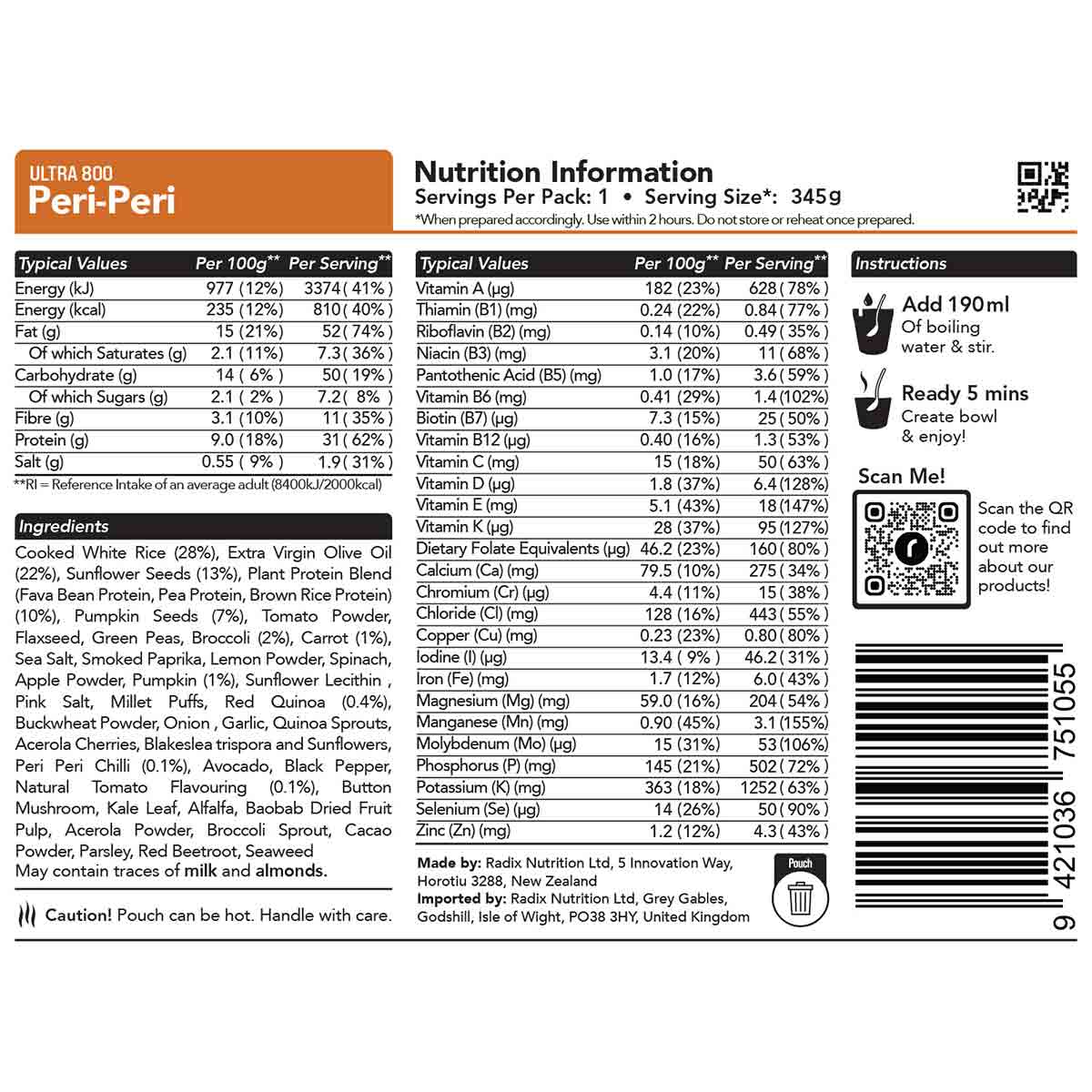 radix peri peri meal 800kcal ingredients information