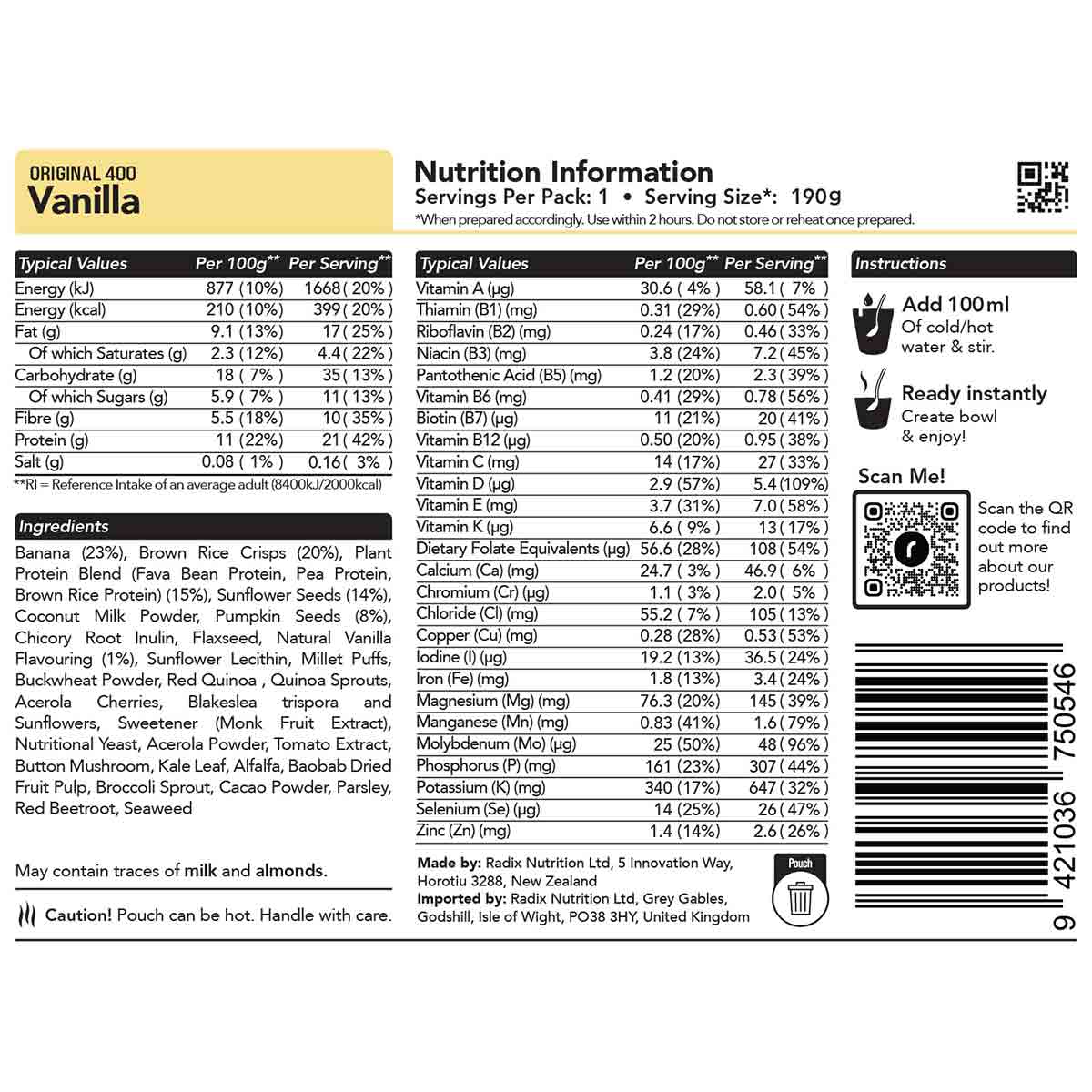 radix vanilla breakfast 400kcal ingredients information