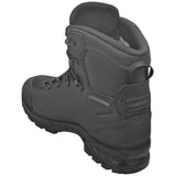 rear angle of black lowa breacher gtx waterproof mid boot