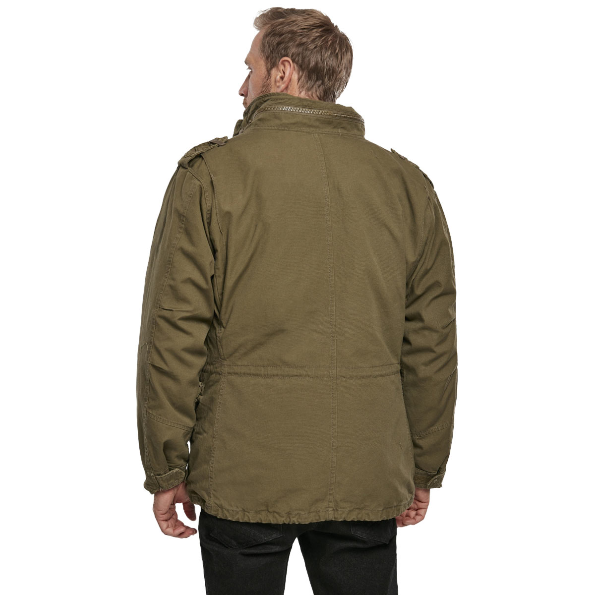 rear angle of brandit olive m65 giant jacket hood zipper