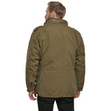 rear angle of brandit olive m65 giant jacket hood zipper