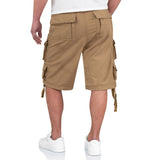 rear of beige surplus division cargo shorts