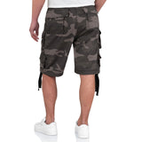 rear of black camo surplus division cargo shorts