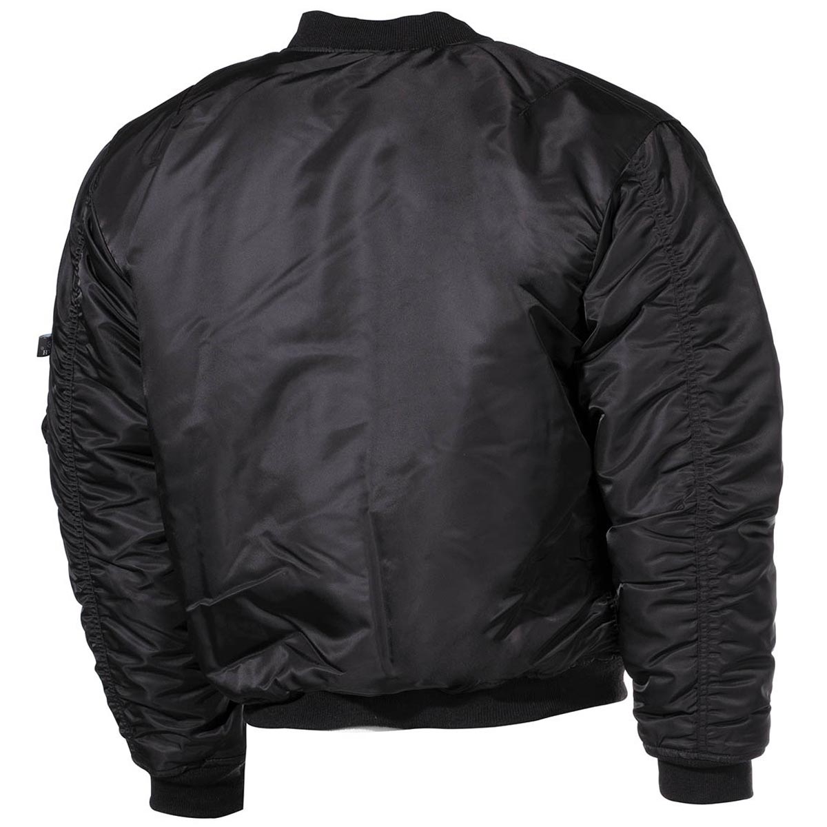 rear of black mfh us ma1 bomber flight jacket